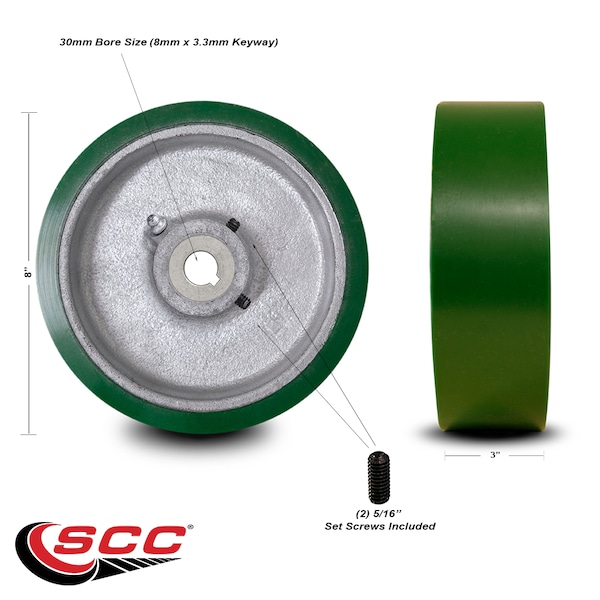 8" x 3" Poly Tread on Cast Iron Keyed Drive Wheel - 30mm Bore -